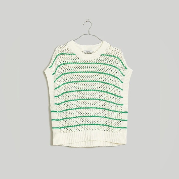 NWOT Madewell Open-Stitch Sweater Tee in Stripe - Medium Green and Ivory - Picture 1 of 4